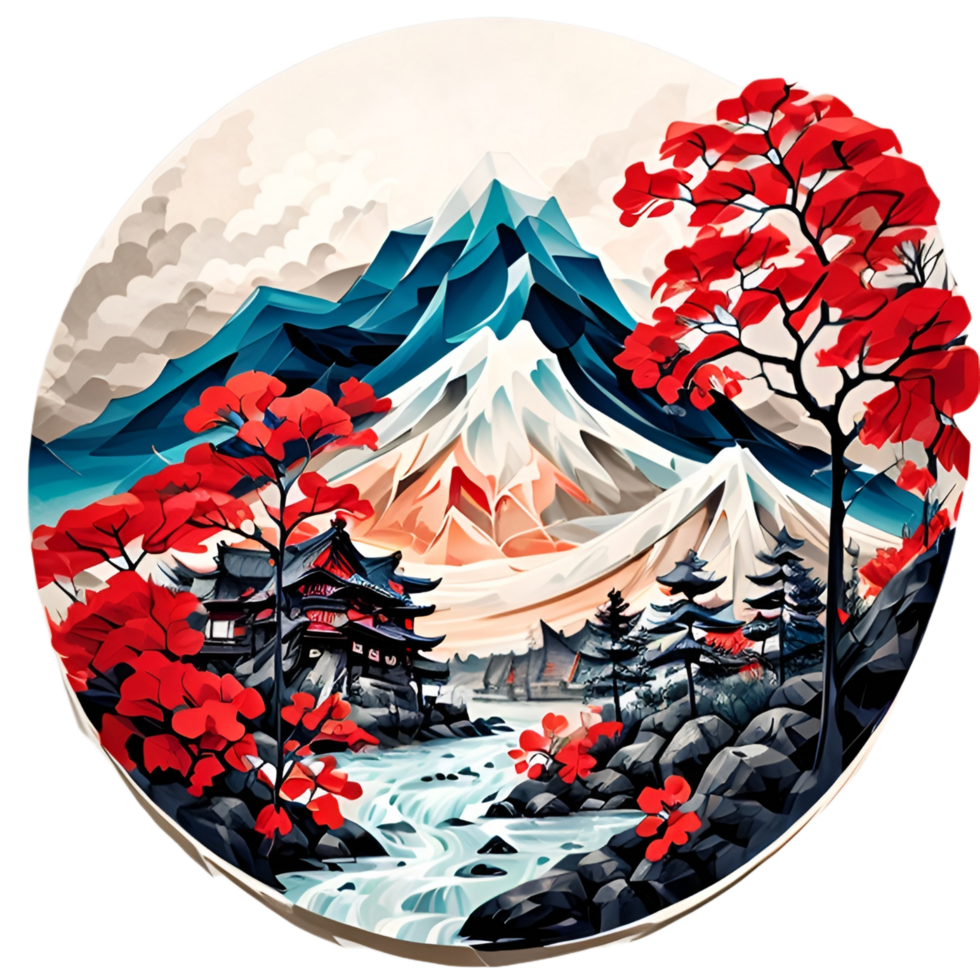Japanese Style Mountain And Tree Sticker Ai Generative png