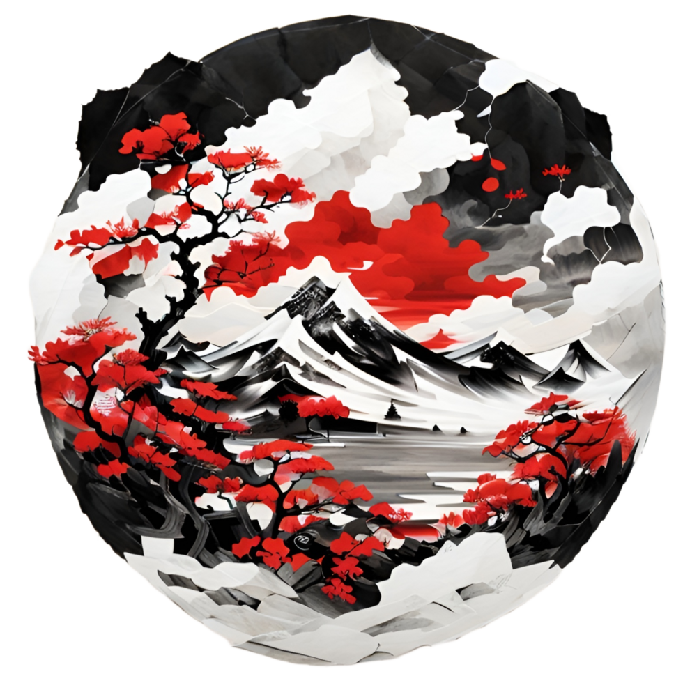 Japanese Style Mountain And Tree Sticker Ai Generative png