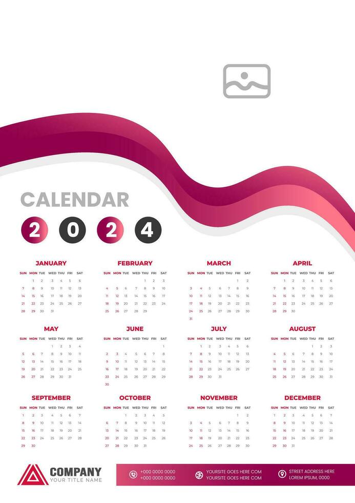 2024 wall Calendar vector illustration. week starts on Sunday, Simple planner design template, 2024 year corporate business calendar design template. use to wall, desk or business planner calendar.