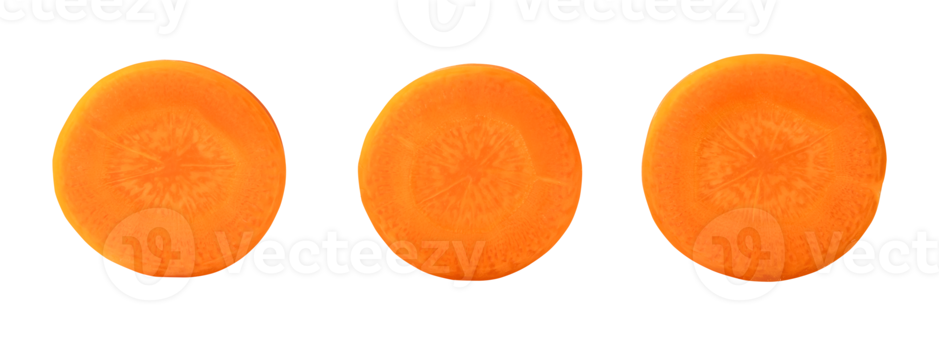 Top view of three separated fresh orange carrot slices isolated with clipping path in png file format