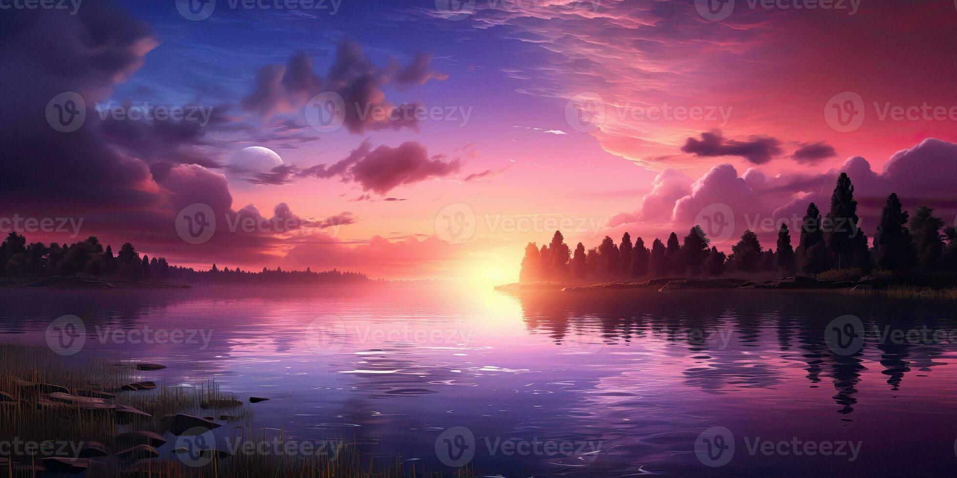 AI Generated. AI Generative. Purple pink color sunset evening nature outdoor lake with mountains landscape background. Graphic Art photo