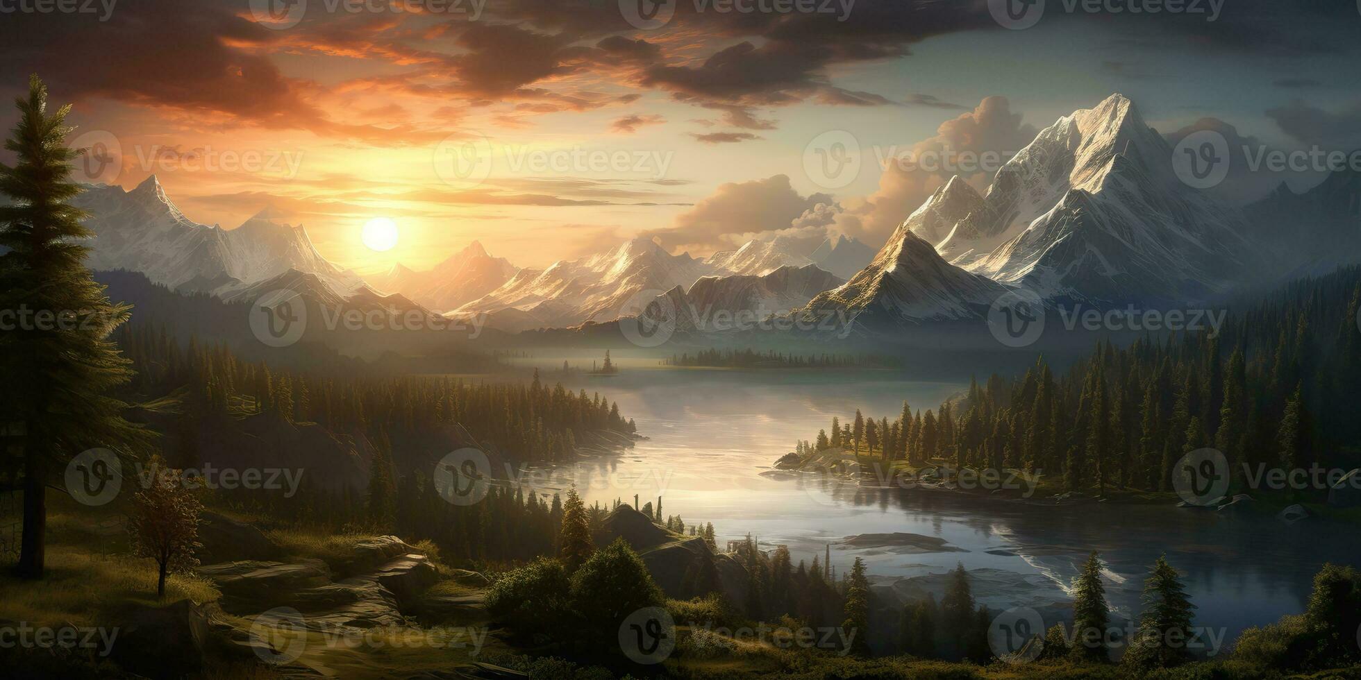 AI Generated. AI Generative. Beautiful nature outdoor landscape background. Lake river forest and mountain view. Adventure explore vibe. Graphic Art photo