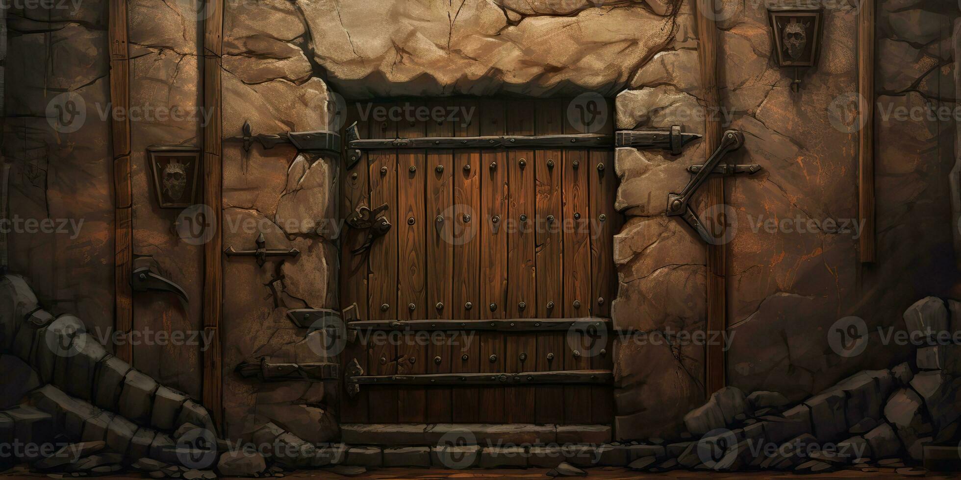 AI Generated. AI Generative. Fantasy cartoon dungeon door entrance exit wooden and metal. Graphic Art photo