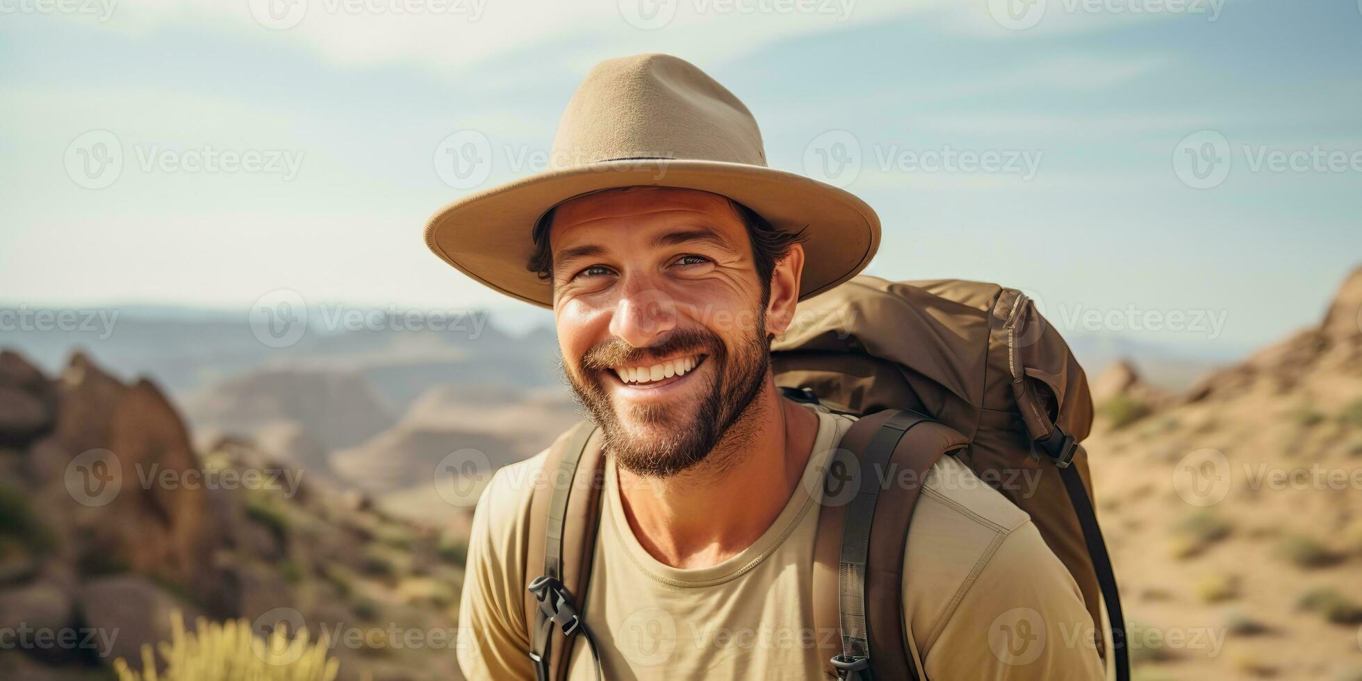 AI Generated. AI Generative. Handsome man in hat backpack trekking hiking portrait landscape adventure outdoor. Graphic Art photo