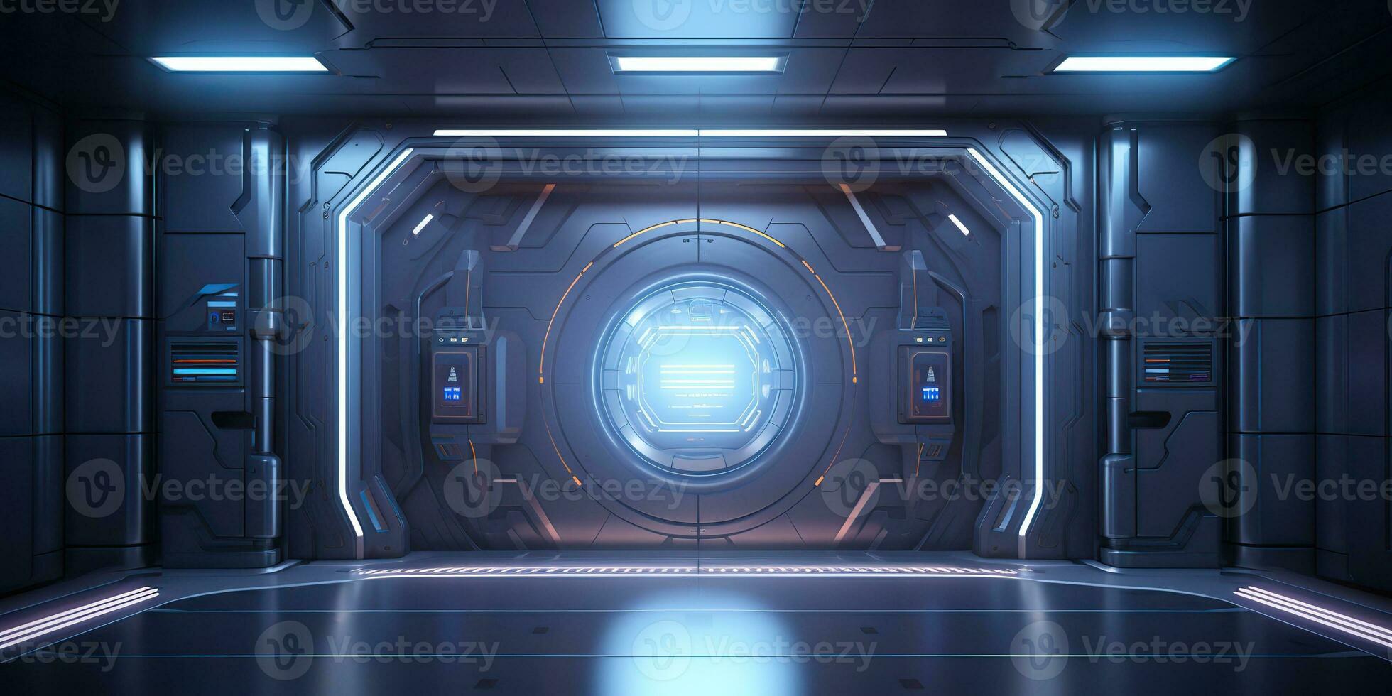 AI Generated. AI Generative. Futuristic space ship galaxy alien door gate entrance sci fi concept neon indoor architecture. Graphic Art photo