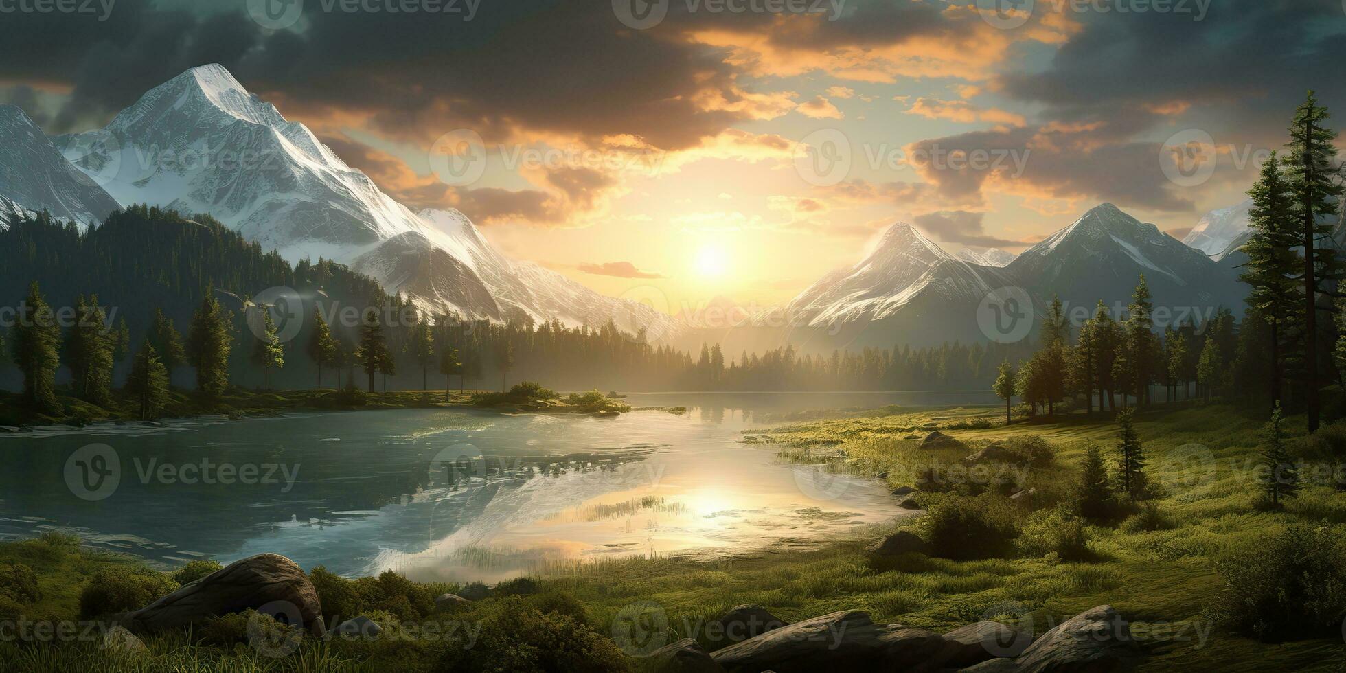 AI Generated. AI Generative. Beautiful nature outdoor landscape background. Lake river forest and mountain view. Adventure explore vibe. Graphic Art photo