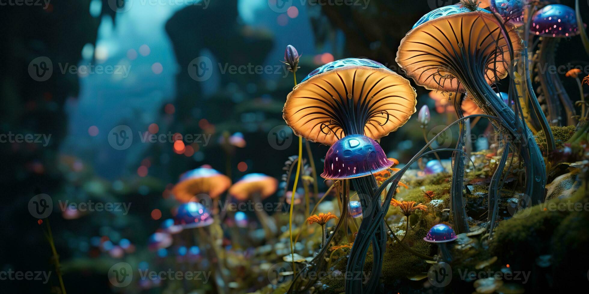 AI Generated. AI Generative. Glowing light mushrooms psychedelic mystic neon nature outdoor forest plant landscape.  Graphic Art photo