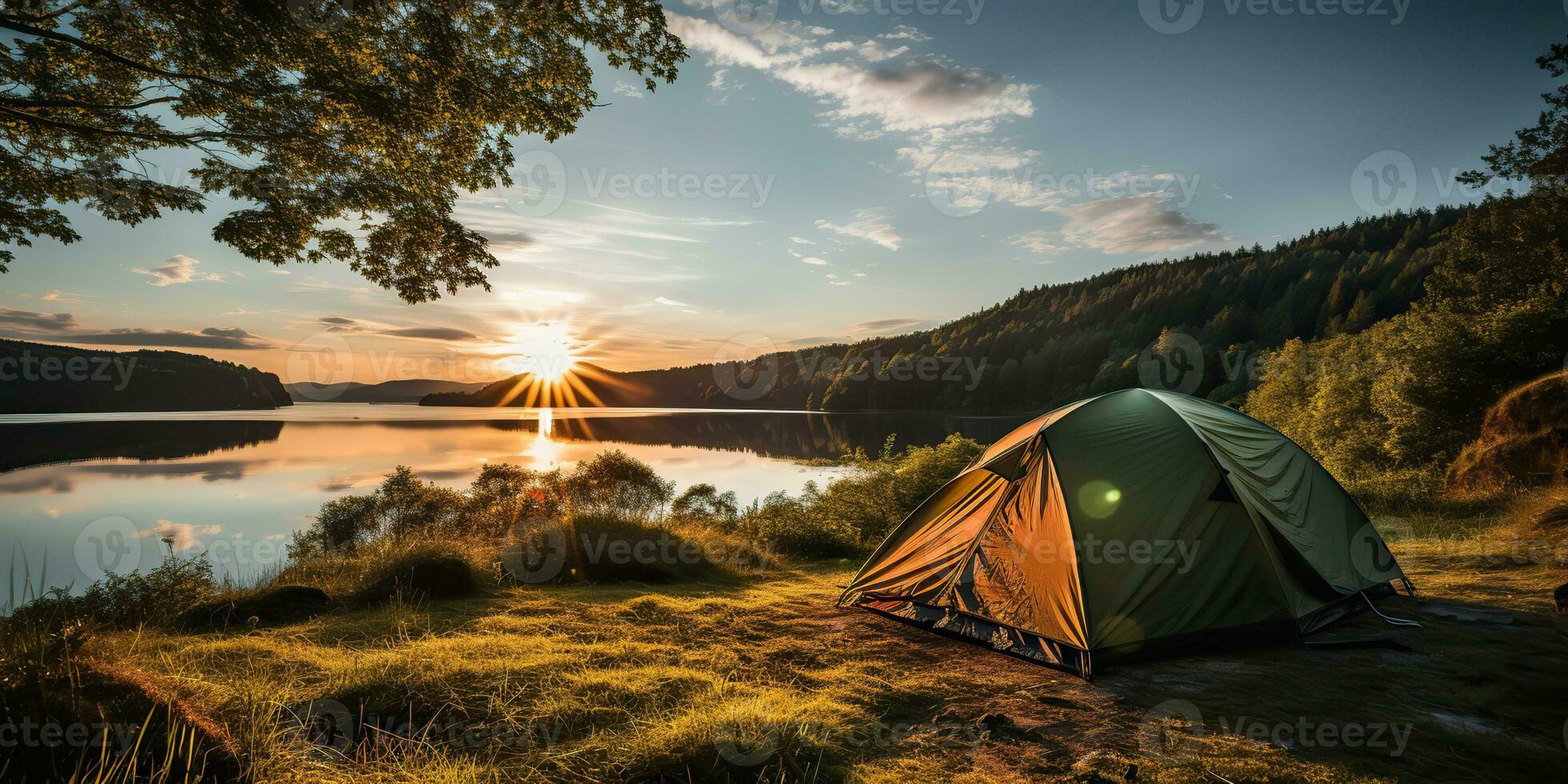 AI Generated. AI Generative. Camping relaxation time tent at lake beautiful landscape background. Adventure vacation rafting time. Graphic Art photo