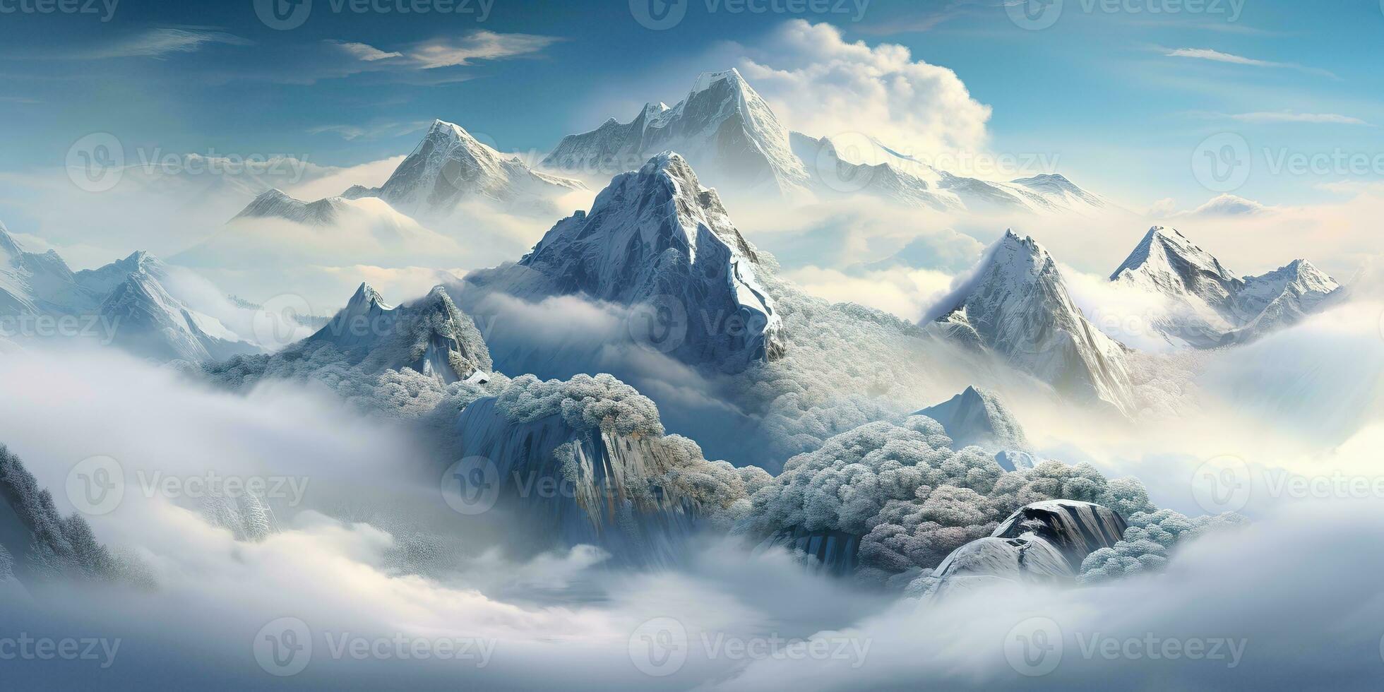 AI Generated. AI Generative. Snow ice faded mountain hill peak. Nature outdoor landscape background. Graphic Art photo