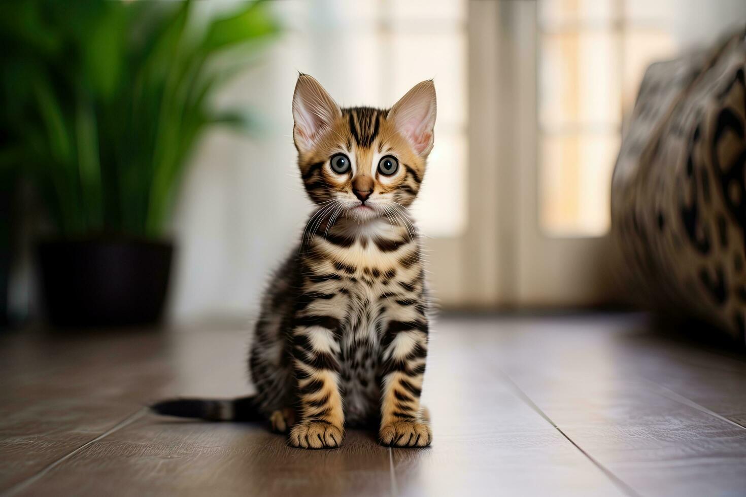 Cute bengal kitten sitting on the floor at home, Cute little Bengal kitten sitting on the floor at home, AI Generated photo