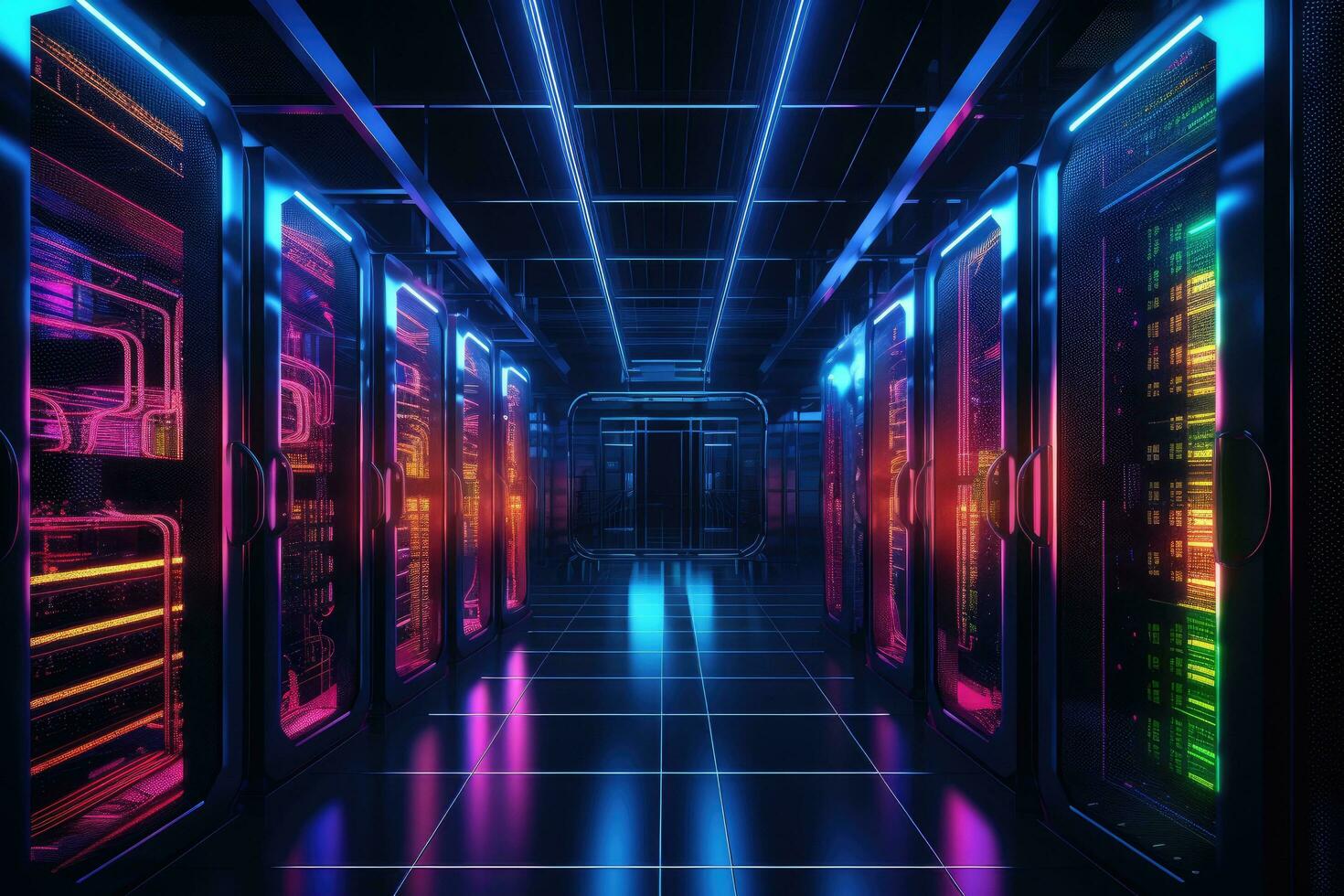 Futuristic server room interior with neon lights. 3D Rendering, Data Center Server Room. Network Communication, Colorful Neon Server Racks, AI Generated photo