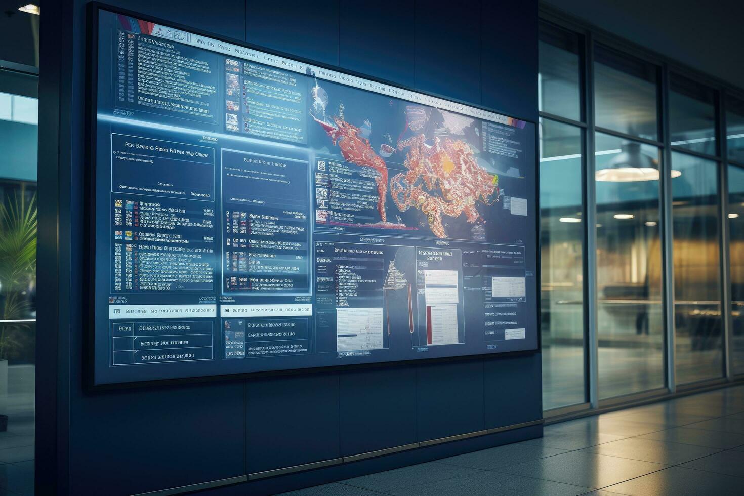 3d representación de un moderno aeropuerto interior con información tablero en él, descubrir un información cubo con un bullicioso darse cuenta junta, intercambiando y mostrando importante notas y, ai generado foto