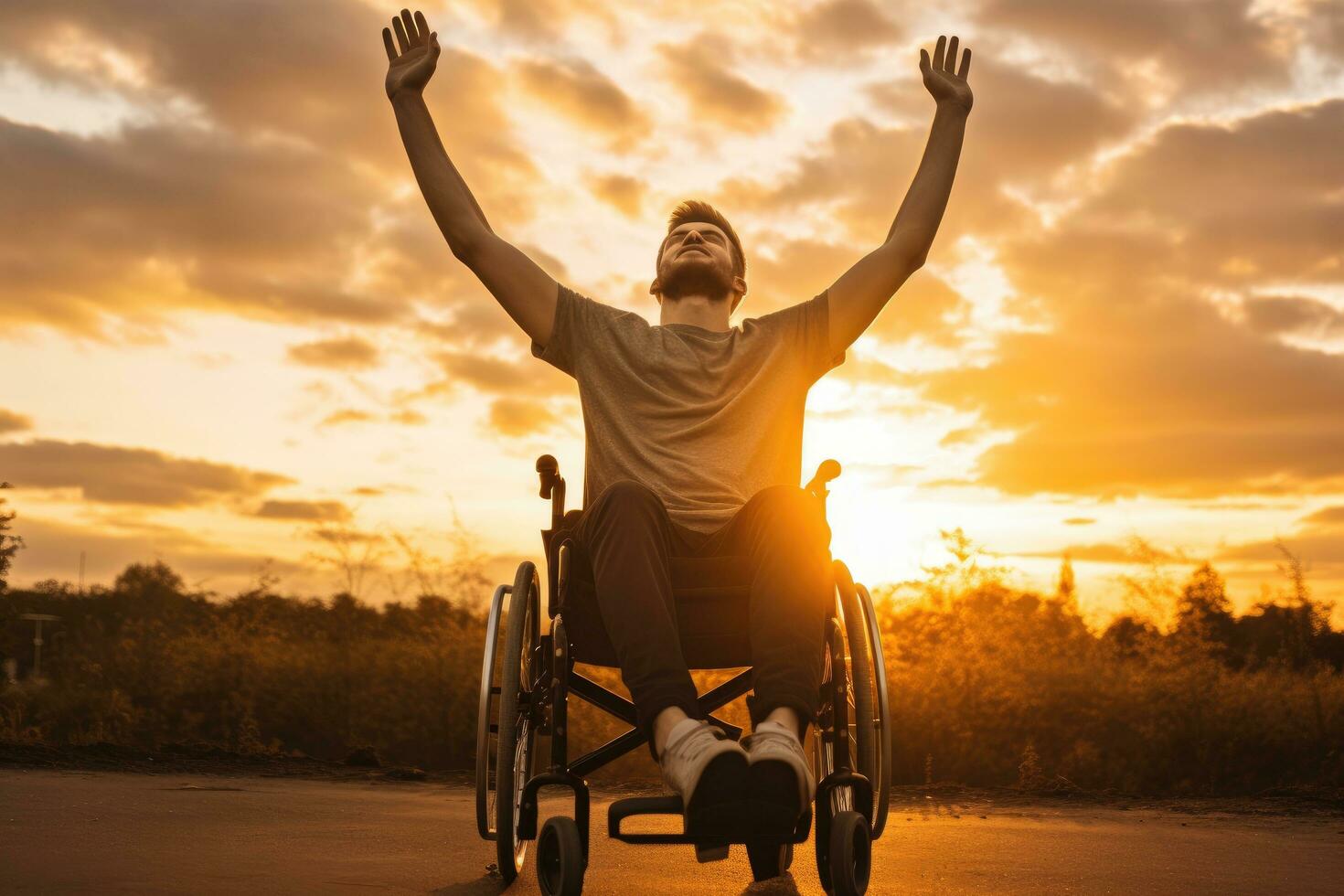 Disabled man in wheelchair with raised hands at sunset or sunrise, Disabled handicapped man has a hope. He is sitting on wheelchair and stretching hands at sunset, AI Generated photo