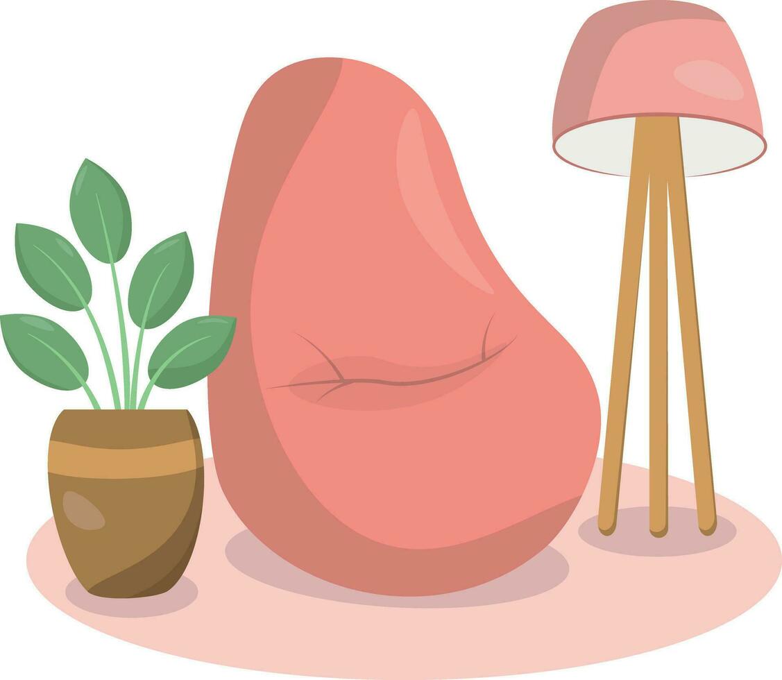 a pink bean bag chair next to a lamp and plant vector