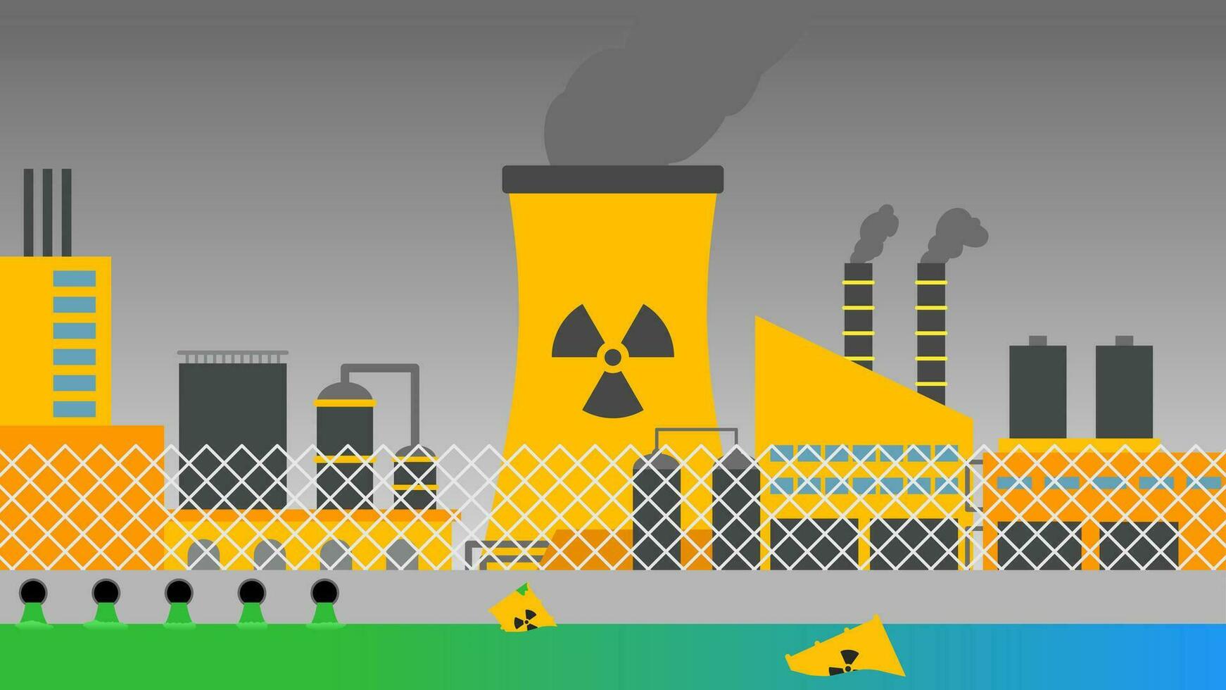 Nuclear plant radioactive waste landscape vector illustration. Social issue of nuclear plant pollution to water and air. Illustration of nuclear plant illegal waste to environment