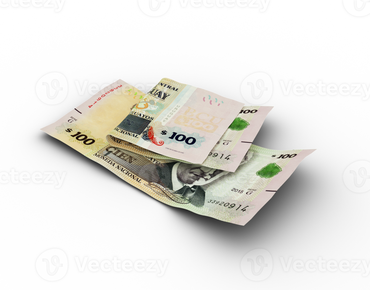 3D rendering of Double 100 Peso Uruguayo notes isolated on transparent background png