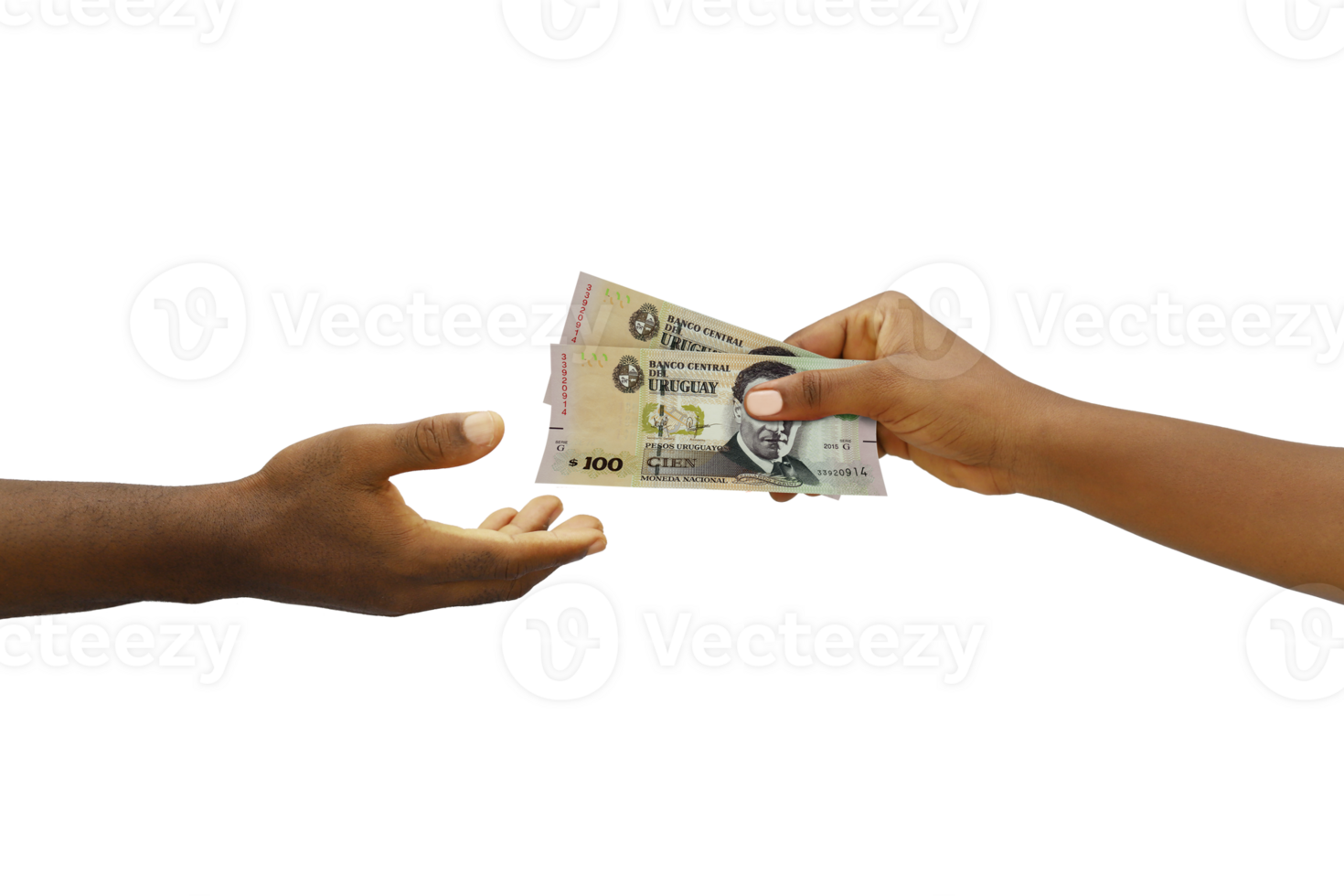 Hand giving 100 Peso Uruguayo notes to another hand. Hand receiving money png