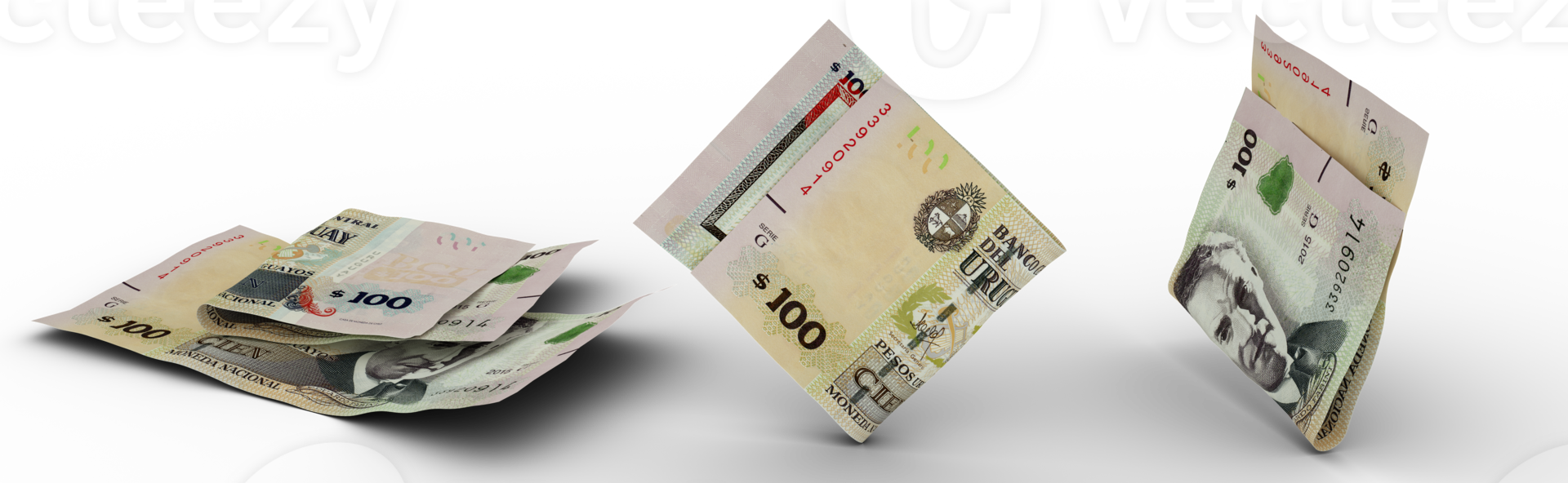 Set of 100 Peso Uruguayo note isolated on transparent background. 3d rendering png