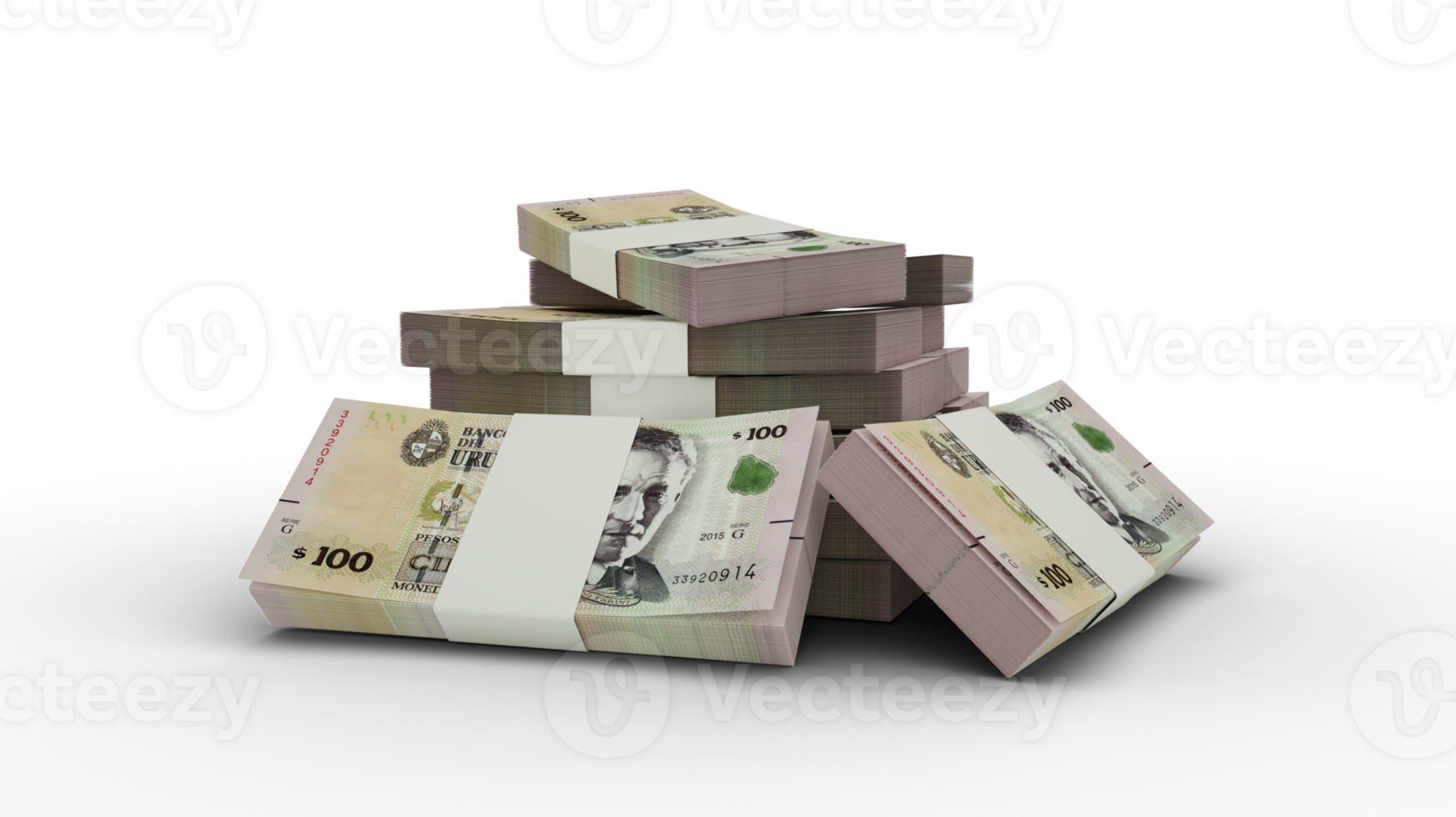 3d rendering of Stack of 100 Uruguayan Peso Uruguayo notes. bundles of Uruguayan currency notes isolated on transparent background png