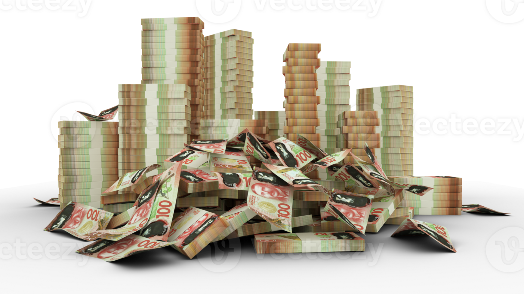 Big stacks of New Zealand dollar notes. A lot of money isolated on transparent  background. 3d rendering of bundles of cash png