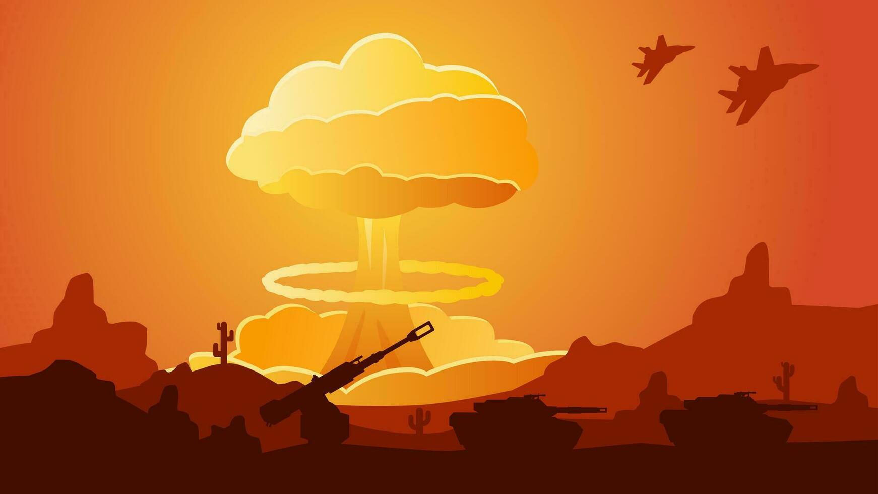 Nuclear war explosion landscape vector illustration. Mushroom cloud from nuclear weapon explosion in military battlefield. Social issue of illegal use nuclear weapon in war