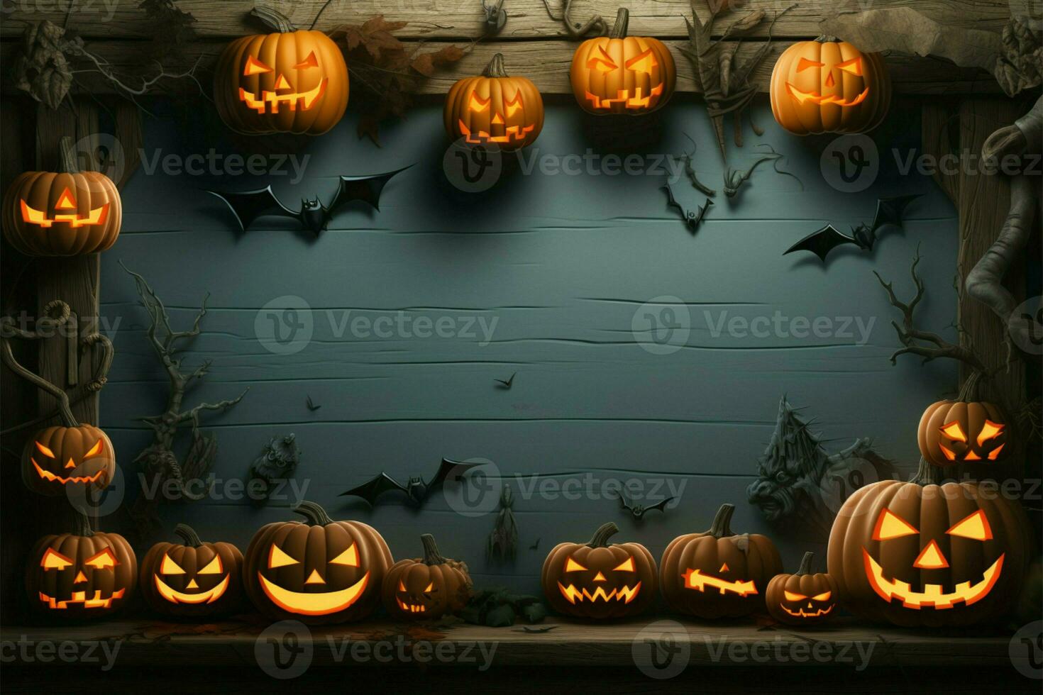 A Halloween night frame adorned with bats and jack o lanterns AI Generated photo