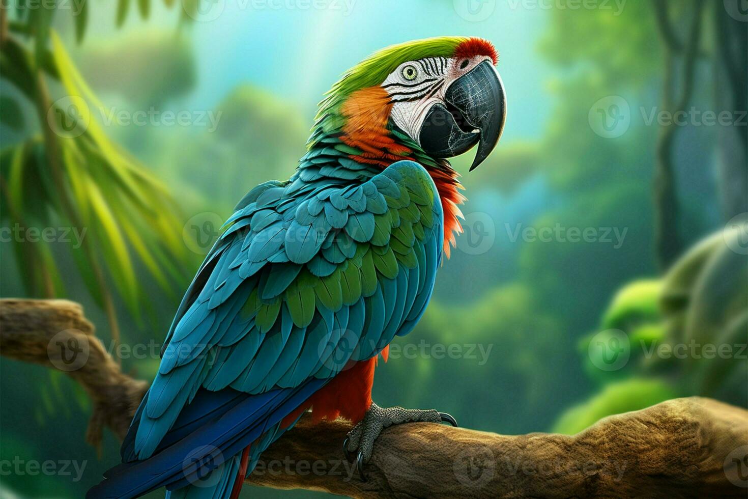 Breathtaking 3D raster art blue green macaw on tree branch against blue AI Generated photo
