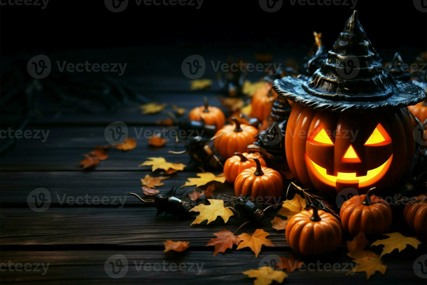 Halloween joy 3D rendered jack o lantern pumpkins, witch hats, and vibrant candies AI Generated photo