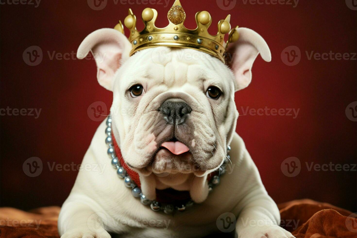 A cute white bulldog pup wears a regal red velvet crown AI Generated photo