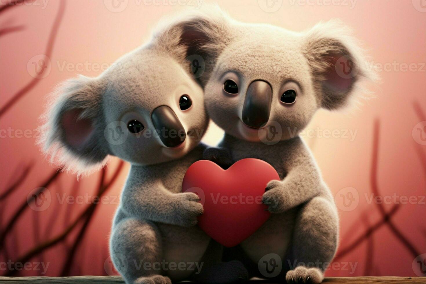 linda coala par, 3d corazones, un representación de entrañable amor ai generado foto