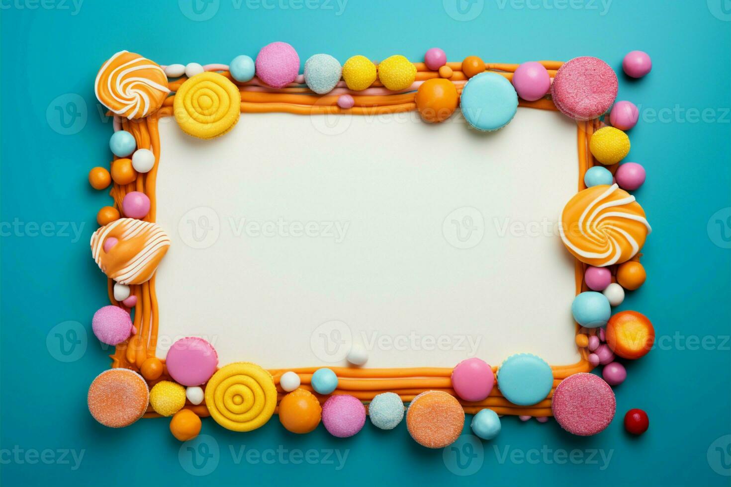 Creative frame filled with an array of delicious flavored candies AI Generated photo