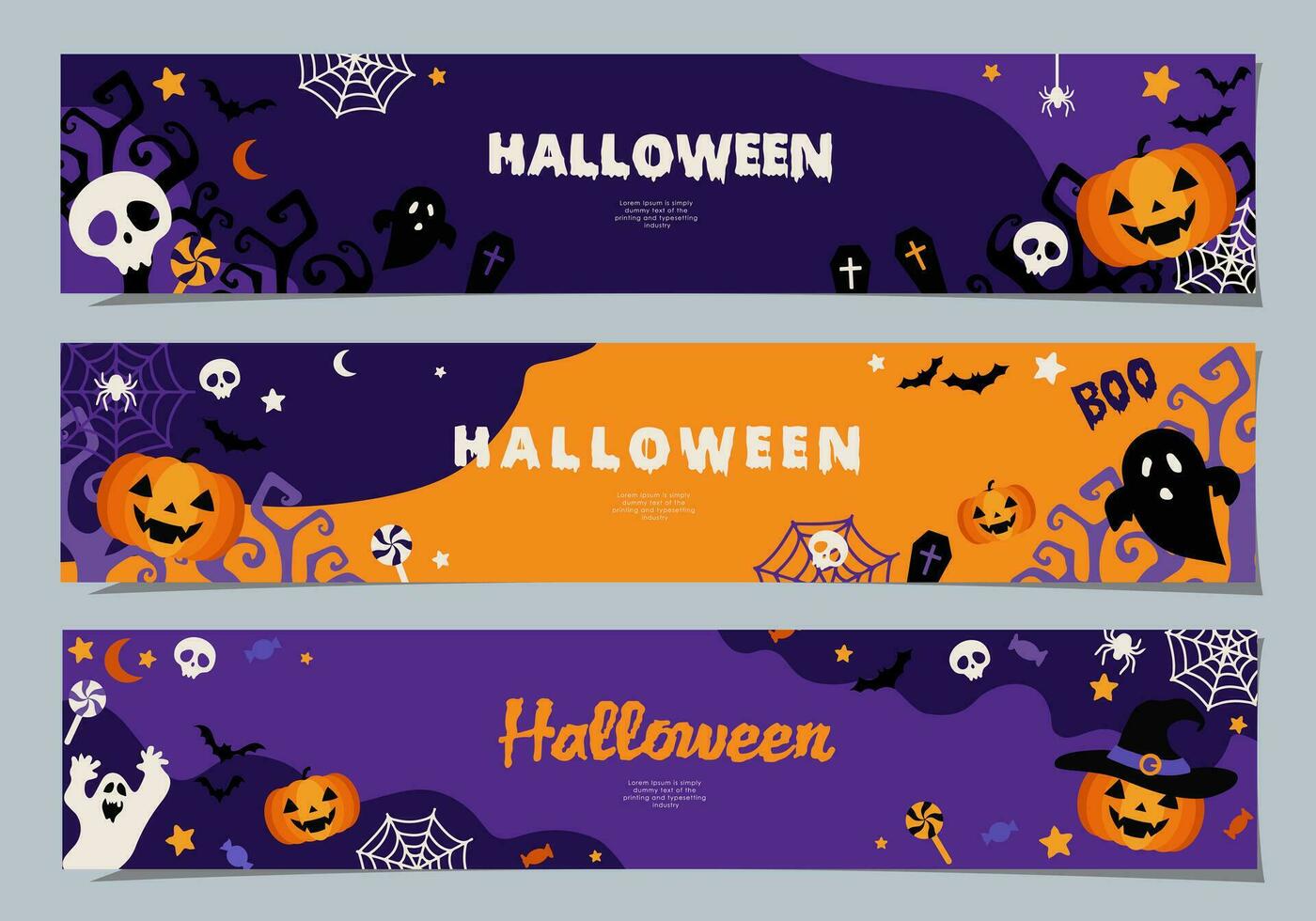 Halloween banners set, party invitation background with clouds, bats and pumpkins in flat design for banner, cover, printing and social media post. Vector illustration.