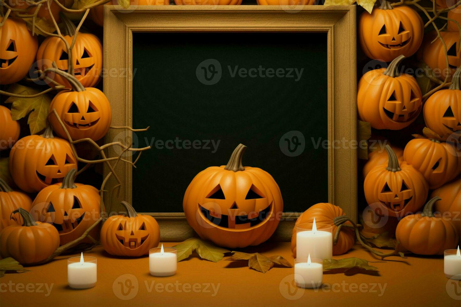 Grainy template with frame featuring Halloween pumpkins with smiling and scary faces AI Generated photo
