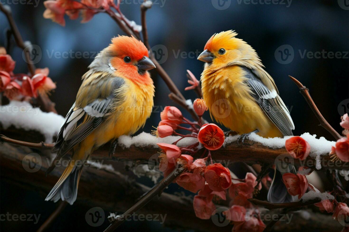 Vibrant feathered friends add a splash of color to winters beauty AI Generated photo