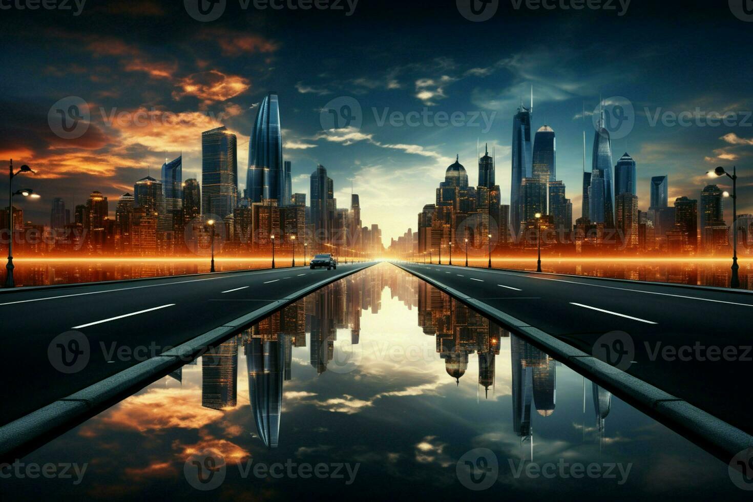Modern metropolis unfolds, Asphalt road converges with sleek commercial skyscrapers AI Generated photo