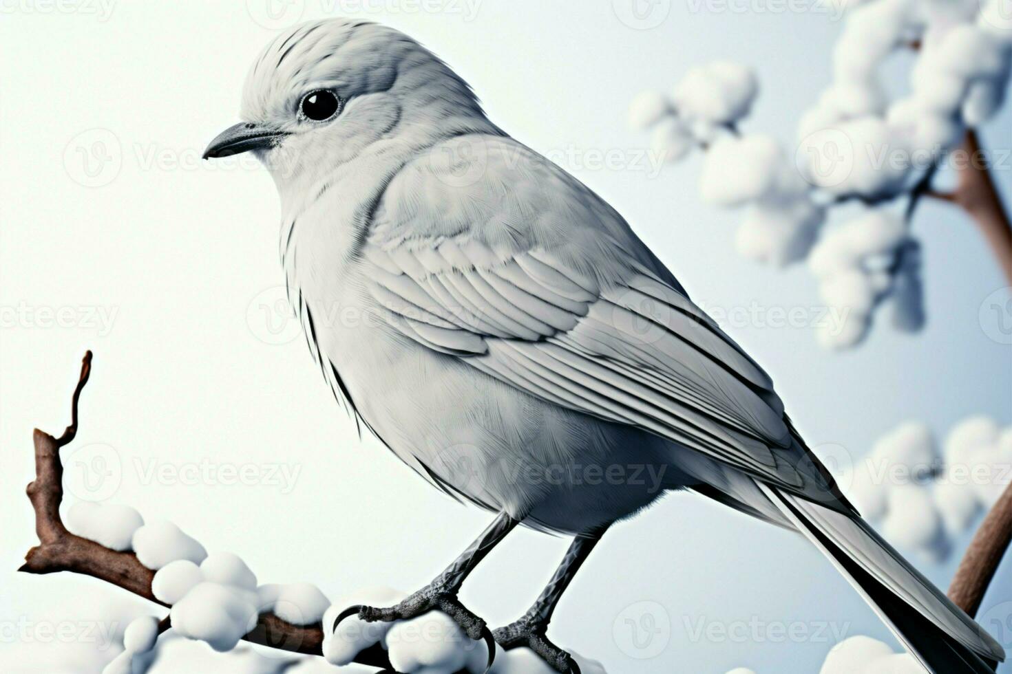 Bird rests on a snowy white stage, a minimalist masterpiece AI Generated photo