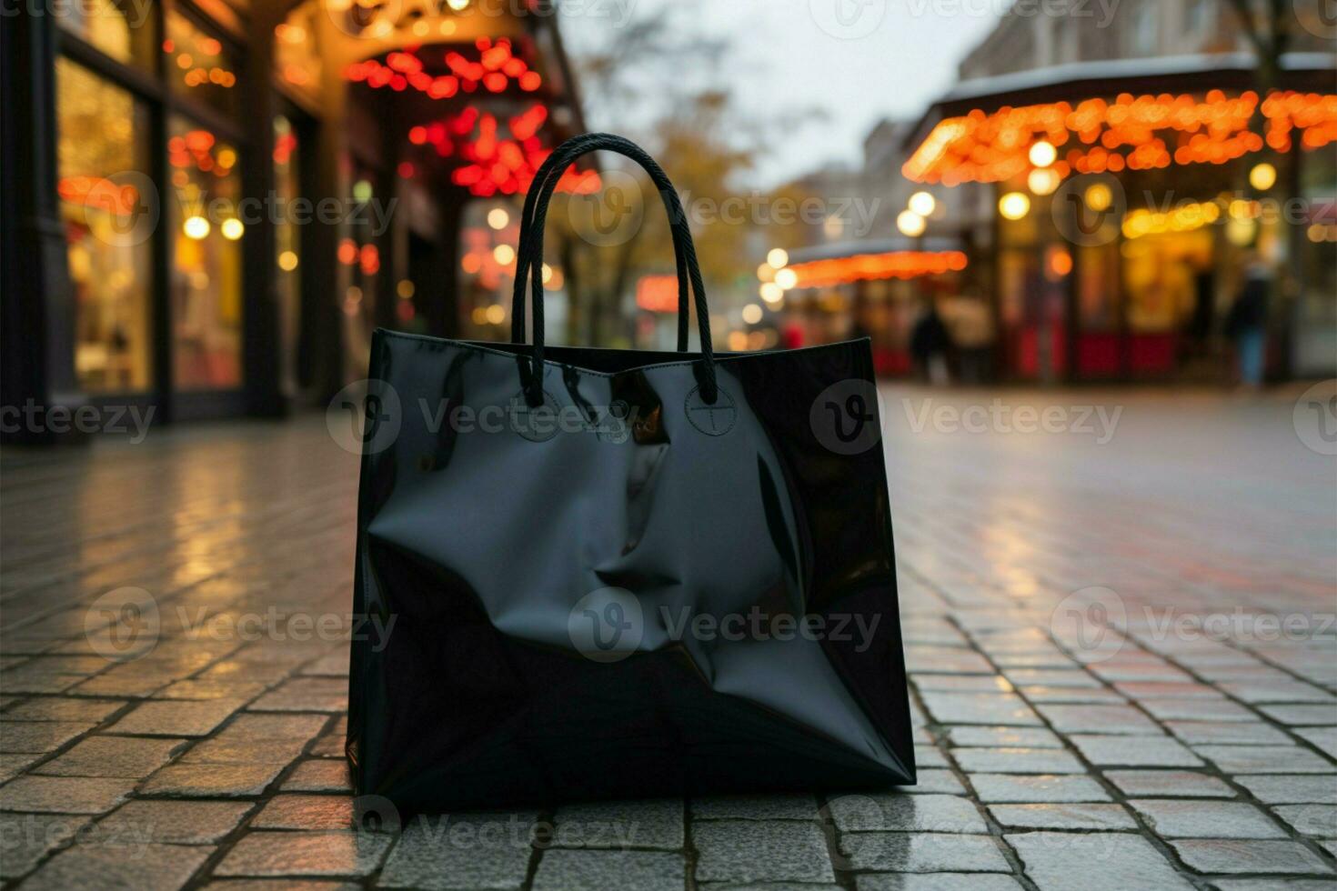 Urban snapshot black shopping bag by the side of the street AI Generated photo