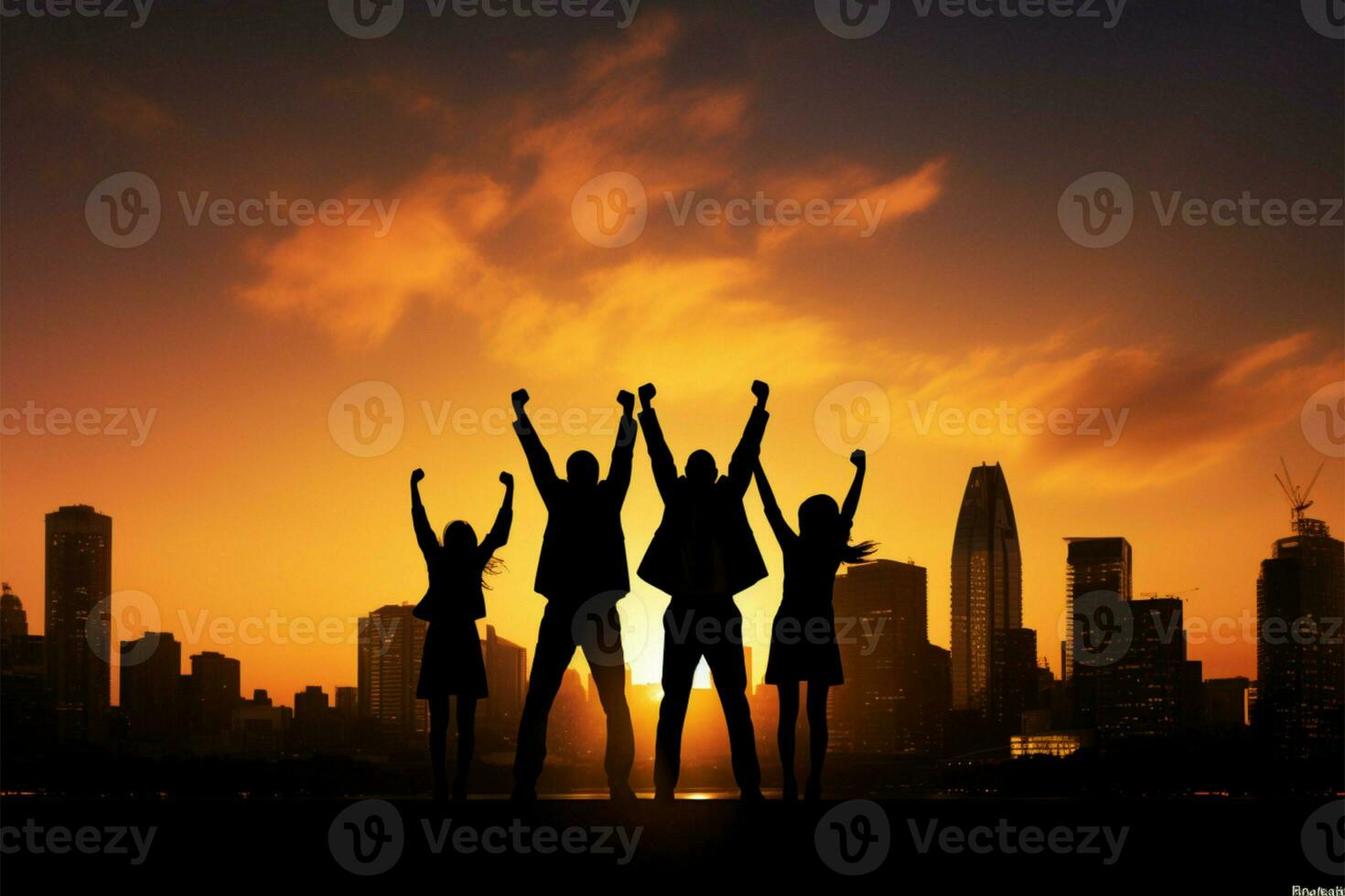 Silhouetted business team celebrates collaboration with joyful, triumphant happiness AI Generated photo