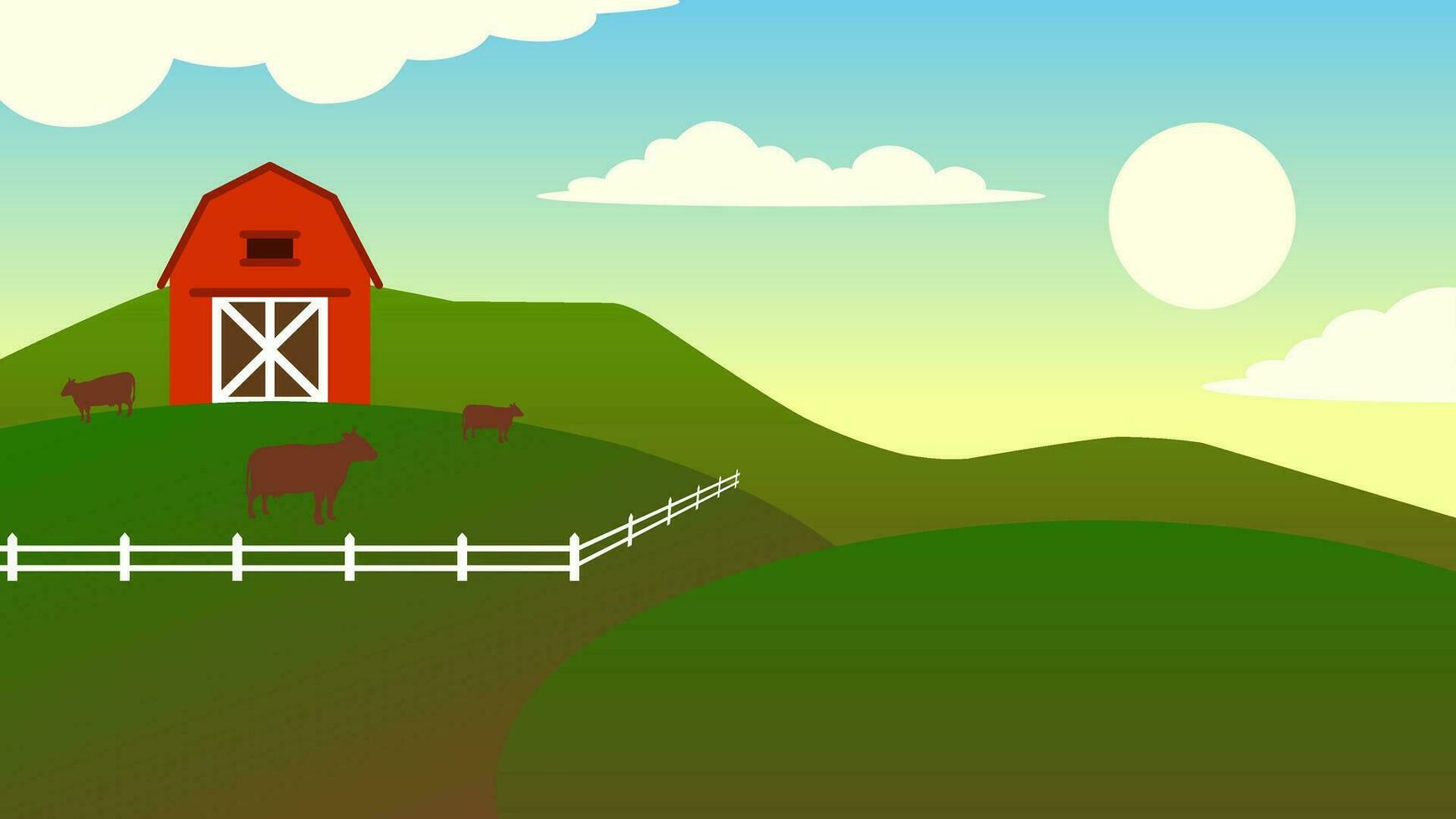 Countryside farm landscape vector illustration. Farm landscape in green hill with barn and cow livestock. Rural agriculture landscape for background, wallpaper or landing page