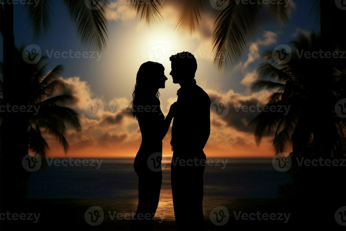 Lovers embrace, silhouetted against a sunset with palm trees AI Generated photo