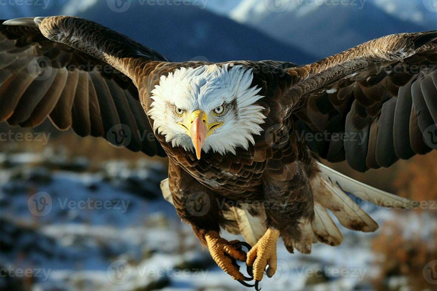 In flight elegance Eagles stunning close up captures flight and landing AI Generated photo