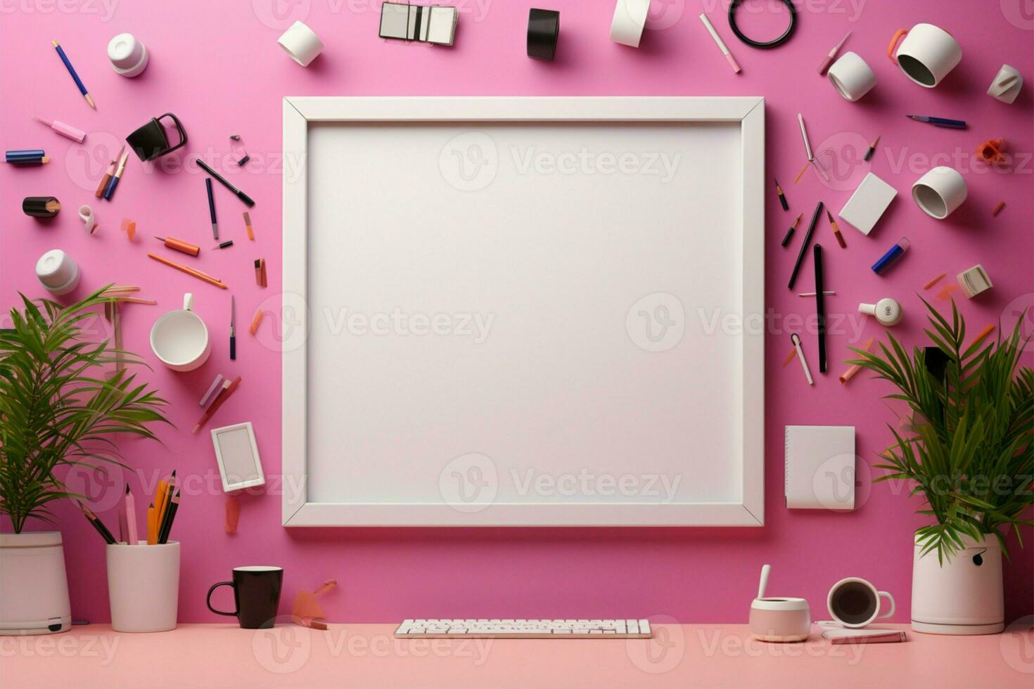 a white frame surrounded by office supplies on a pink background AI Generated photo