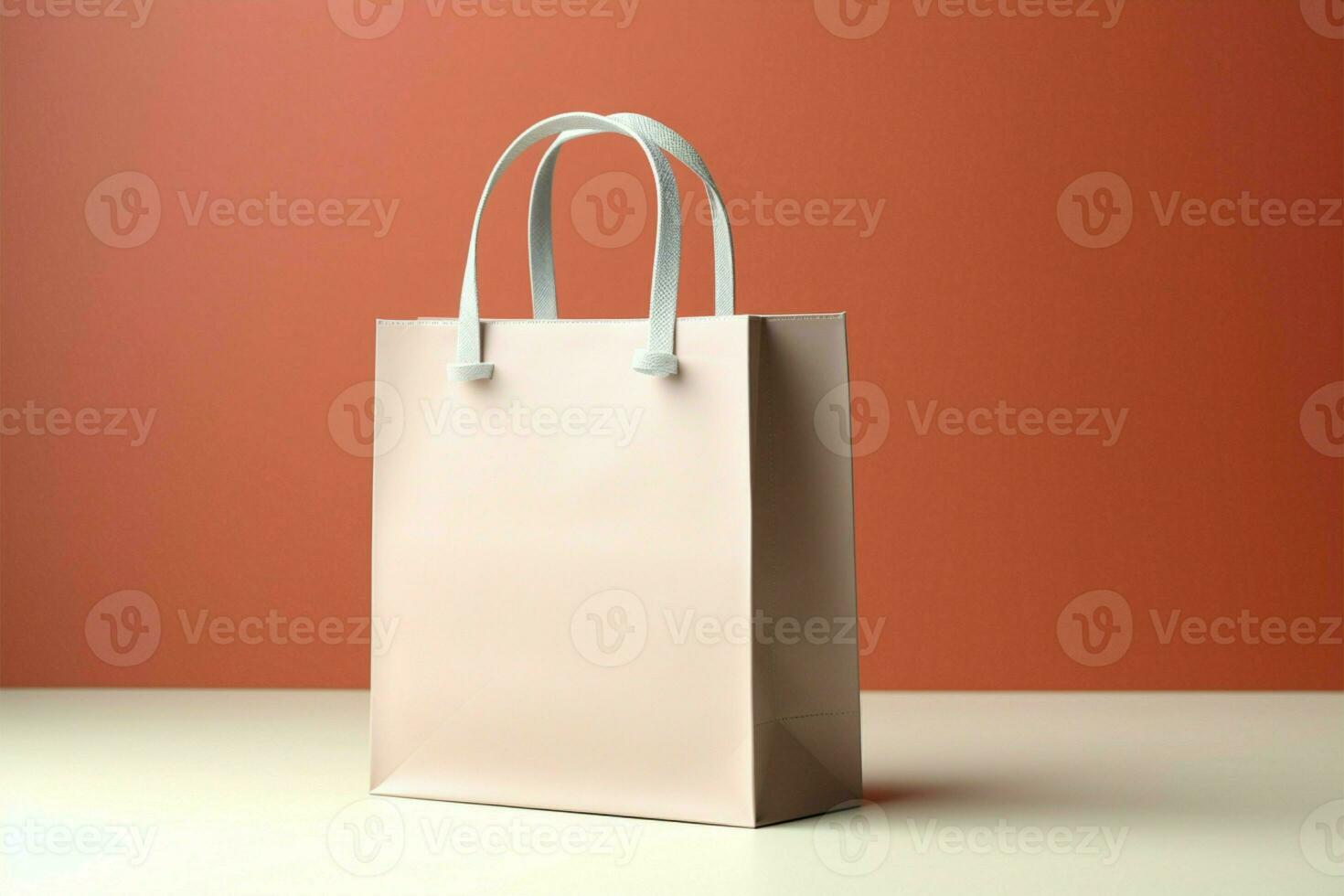 Beige backdrop highlights a white paper bag equipped with handle AI Generated photo