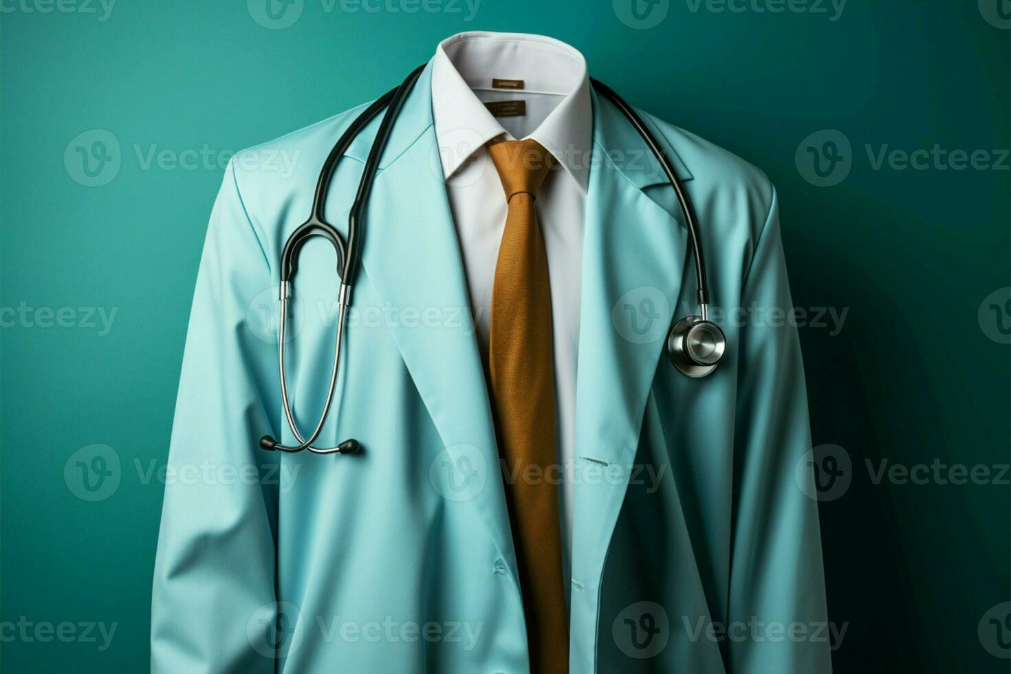 Professional doctors attire with stethoscope Blue background offers copyspace for medical promotions AI Generated photo