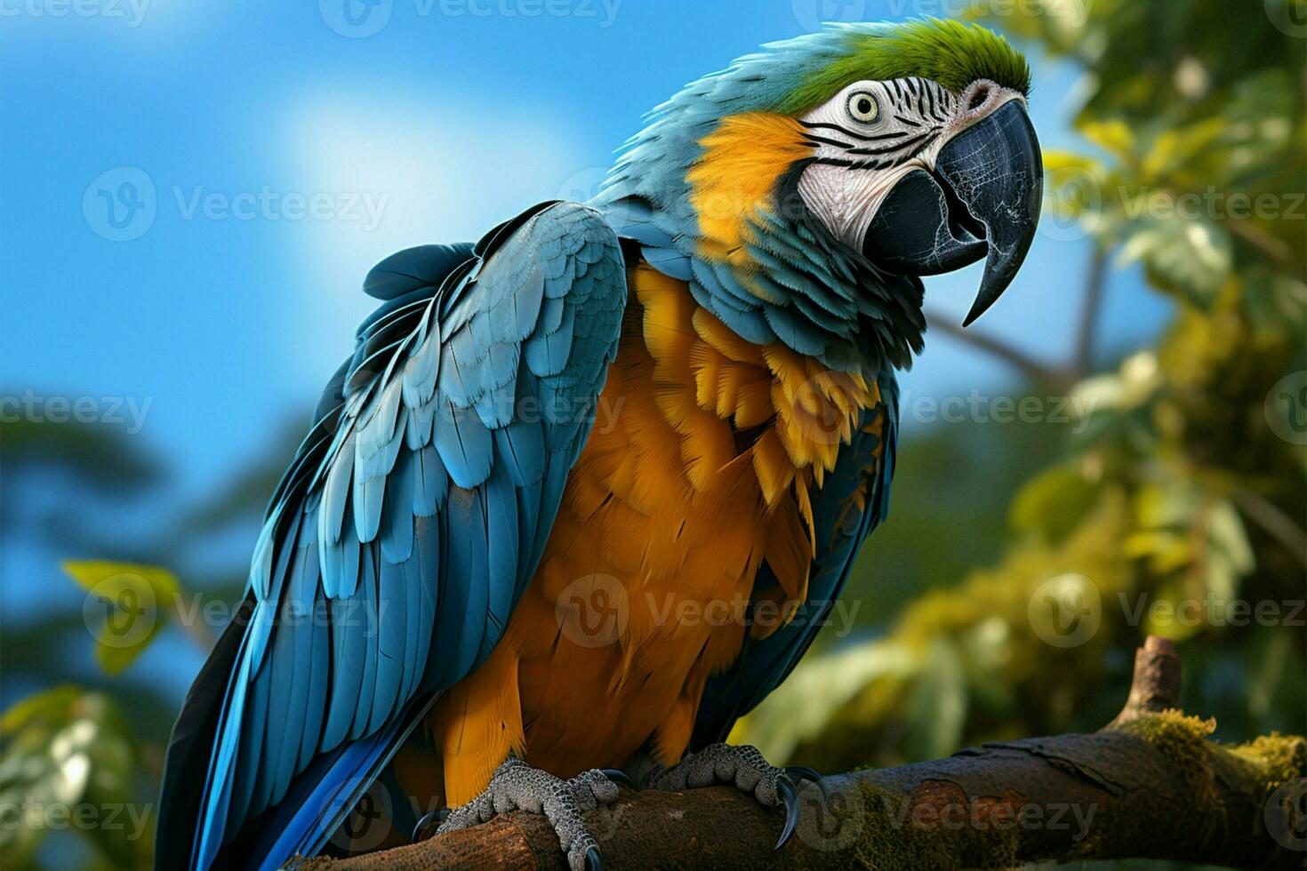 Vibrant blue green macaw, perched on a tree branch, brought to life in 3D AI Generated photo