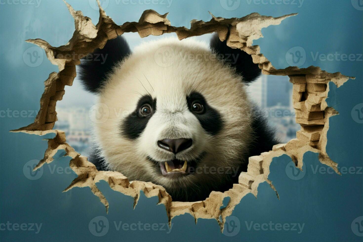 Cute panda peeks through a torn wall, framing empty space AI Generated photo