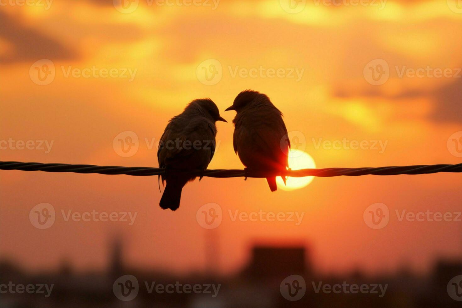 Silhouetted bird couple finds love on wires against sunsets canvas AI Generated photo