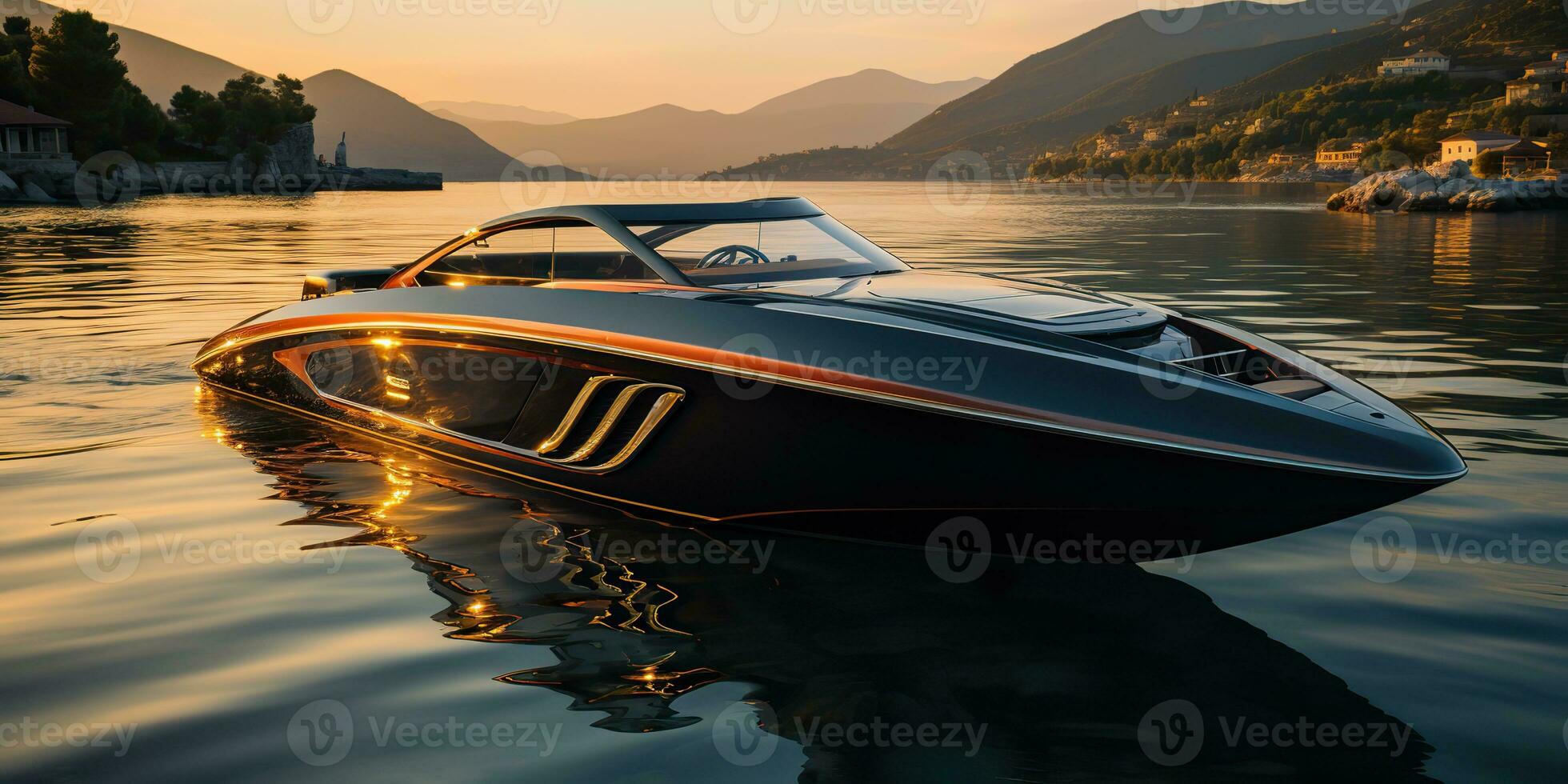 AI Generated. AI Generative. Expensive rich new modern future rocket style motor speed boat yacht ship. Nautical marine sea ocean vacation transport. Graphic Art photo