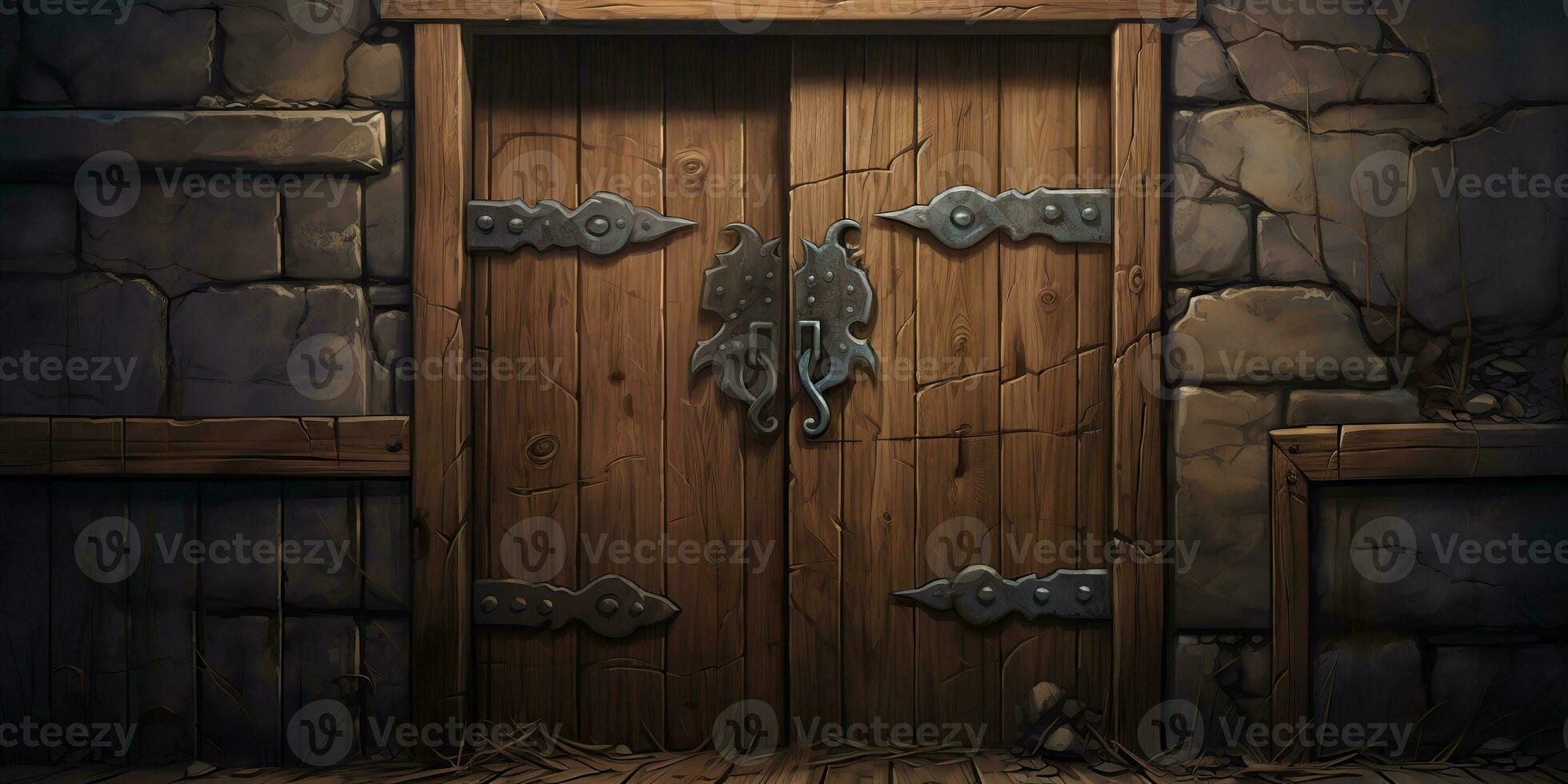 AI Generated. AI Generative. Fantasy cartoon dungeon door entrance exit wooden and metal. Graphic Art photo