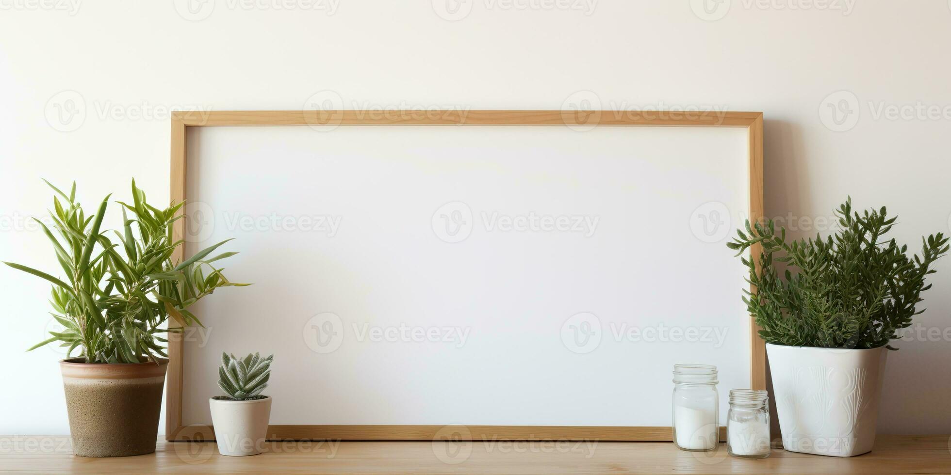 AI Generated. AI Generative. Cozy home mockup wall living room decoration frame background with plants and sofa. Graphic Art photo